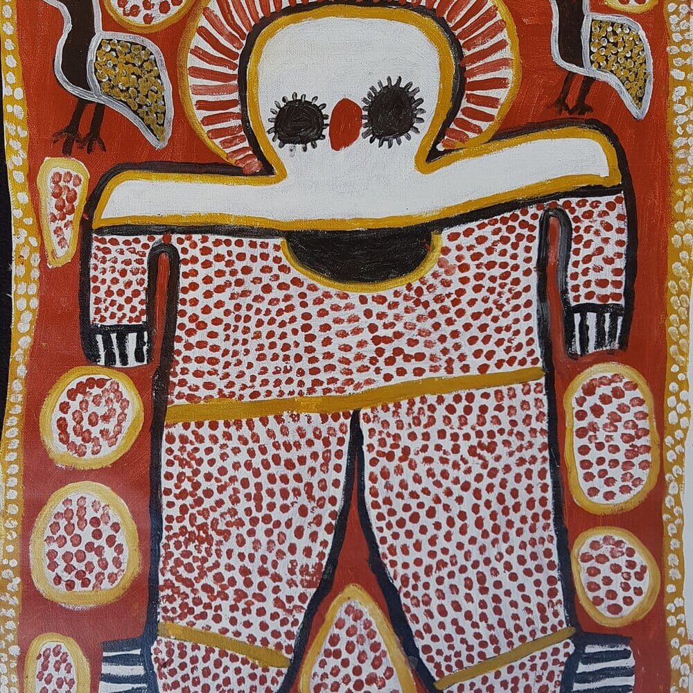 Dreamtime figure Wandjina Rain Spirit by Lily Karadada from Kalumburu in the north-west Kimberley region of Western Australia.