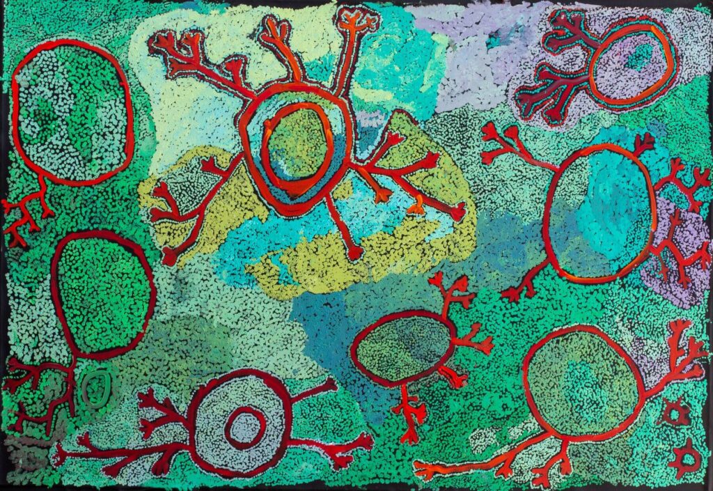 Simon Hogan Lingka 2021 Painting of Spinifex Country by Aboriginal artist Simon Hogan. Green with red shapes indicating places of significance